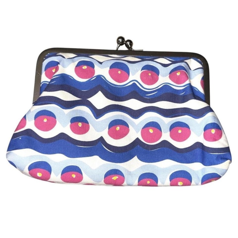 Canvas KissLock Clutch‎  Blue/Pink Wave Print, Aqua Silk-Like Lining